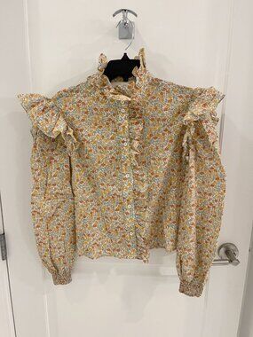 Naya Rea Floral Cottagecore Ruffle Yellow Puff Sleeve Smocked Shirt Blouse Cotto